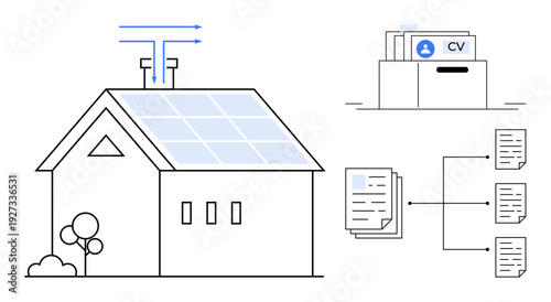 Solar energy. Solar panels for power generation with illustrated automation and document management system. Solar energy promoting renewable energy and technology integration. For energy, tech, smart