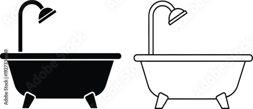 Vector illustration of two bathtubs with shower heads in black and white
