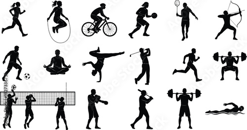 Sports silhouette collection with athletes running cycling boxing swimming yoga vector illustration set