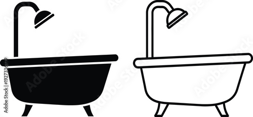 Vector illustration of two bathtubs with shower heads in black and white on a pure