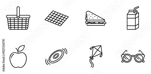 Picnic and outdoor lunch line icons set with basket sandwich apple frisbee kite and juice box items