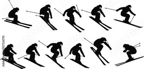Skier silhouette set downhill skiing jump action winter sport vector illustration collection