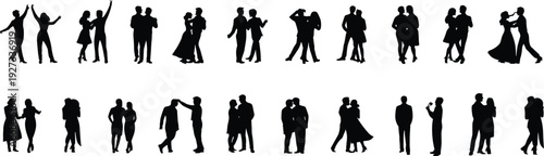 Romantic couples dancing silhouettes collection, elegant partner poses vector illustration set