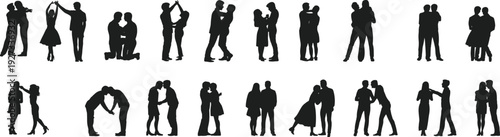 Romantic couples silhouettes set in love poses, wedding and relationship vector illustration