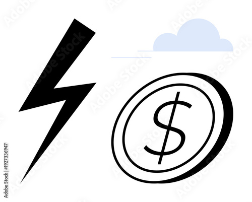 Finance, energy costs, renewable energy, economic growth, wealth generation, sustainability. Lightning bolt, dollar coin and cloud illustration. Finance and energy cost conceptual icons