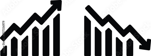 Rising and falling bar chart arrows isolated on gray background financial growth concept