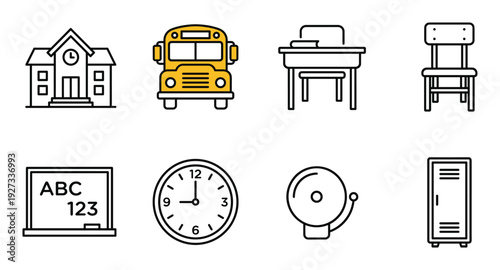 School and education related vector illustration such as building, bus, desk, chair and board