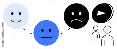 Emotional intelligence, communication, mood analysis, mental health, expression, interaction. Three faces different emotions and communication icons. Emotional intelligence and communication concept