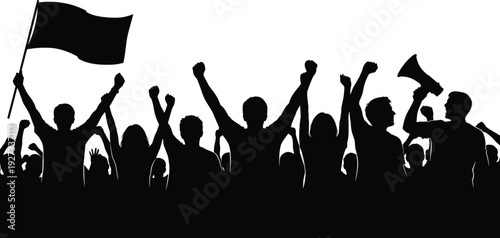 Protest crowd silhouette with raised fists flag megaphone demonstration vector illustration
