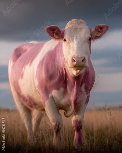 Pink and white cow standing in pasture, surreal farm animal love concept