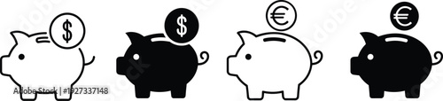 Piggy bank icons with dollar and euro symbols isolated savings concept illustration