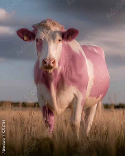 Pink and white cow standing in pasture, surreal farm animal love concept