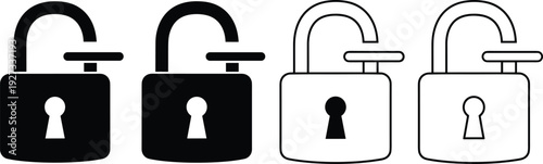 Padlock icon set showing open and closed locks, security, privacy, protection and access control concept