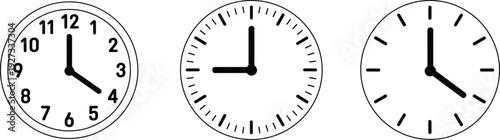 Minimal analog clock icons set showing different times isolated on white background
