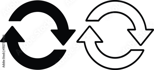 Black and white circular arrows symbolizing exchange and recycling processes in a simple design