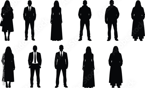 Men and women silhouettes collection, diverse standing people poses representing lifestyle, fashion, identity and modern society