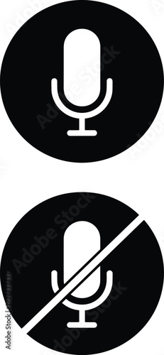 Microphone and mute icon set, audio recording voice control symbol