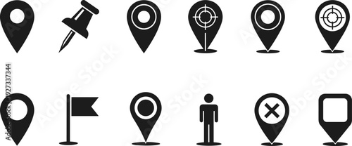 Map location pins and navigation icons set, GPS vector illustration collection