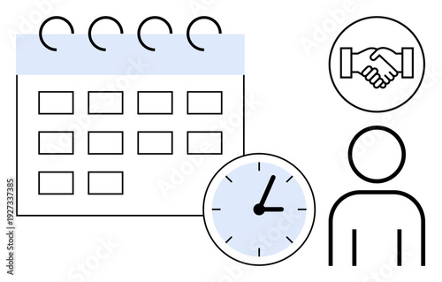 Time management concept. Time management ed through calendar and clock icons with handshake and person symbols. Time management visualizing organization and productivity. For business, planning