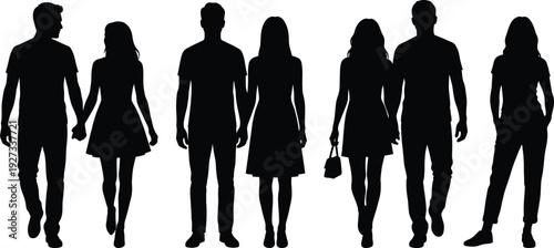 Silhouettes of diverse young couples and a single woman walking together in a group, isolated on white background, vector