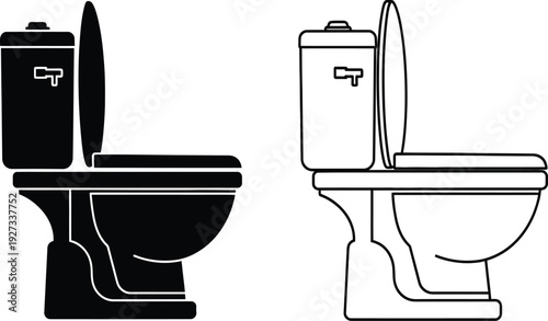 Black and white line drawing illustration of two toilet icons with lids up