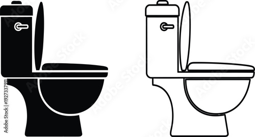 Two toilet bowls with one solid black and the other outlined in black