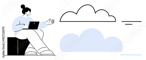 Cloud computing concept. Woman using a laptop discussing cloud technology and its applications. Cloud computing enabling remote storage, collaboration, and data sharing. For technology, IT, digital