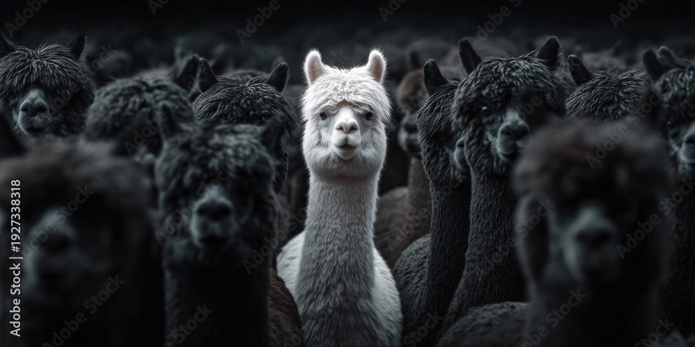 Fototapeta premium Unique white alpaca stands out amongst a herd of dark alpacas in a dramatic portrait