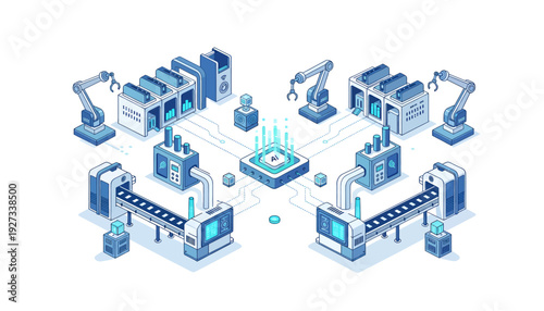 Modern Factory Assembly Line with Robotic Arms and Conveyor Belts.