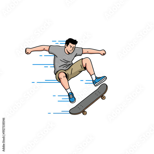 Young man performing skateboarding trick with motion blur effect.