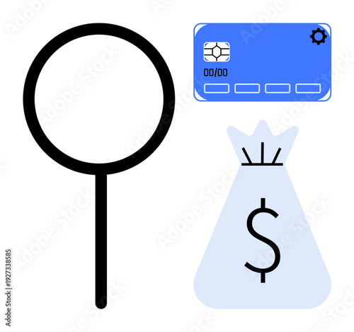 Magnifying glass, credit card, and money bag symbolizing financial analysis, security, banking, and fraud prevention. Ideal for fintech, cybersecurity, data analysis online payments fraud