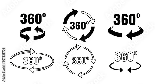 Collection of 360-degree rotation icons in various styles showcasing circular motion and curvature from different viewpoints