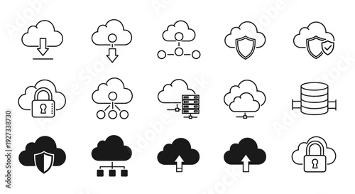 A collection of cloud computing icons representing security, data storage, and networking concepts in a simple, monochromatic illustration style from a straightforward viewpoint.