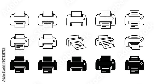 Collection of various printer icons in different styles and orientations, showcasing office equipment in a digital illustration.