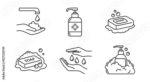 Illustration of hand hygiene practices including soap and sanitizer use for cleanliness and health