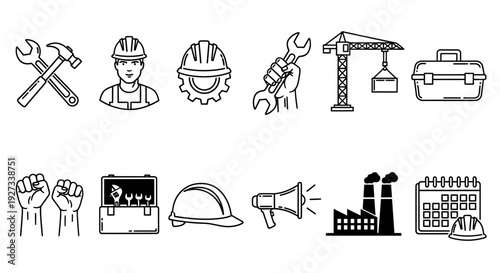 Collection of Industrial Icons Representing Construction and Manufacturing Processes in a Monochrome Visual Format from a Straight-On Viewpoint