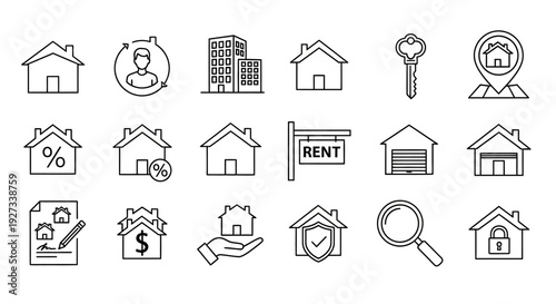 Collection of simple line icons representing real estate and housing concepts including properties, renting, and security, displayed in a grid on a clean background from a straightforward viewpoint