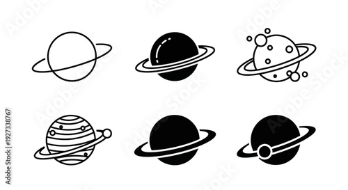 Collection of simple illustrations showcasing various planets and their distinct ring systems from a distant viewpoint in space.