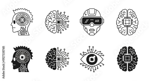 Various black and white illustrations depicting human cognition and technology integration from multiple viewpoints showcasing brain activity and digital enhancements