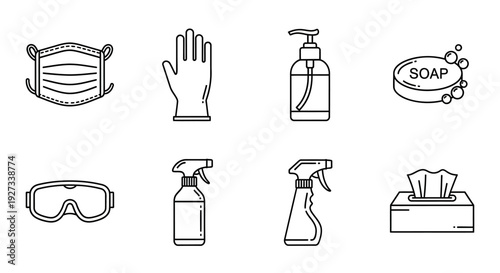 Assorted hygiene products and protective gear arranged neatly, including masks, gloves, and cleaning supplies, arranged for illustration purposes