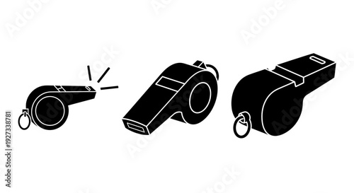 Set of three illustrated whistles with varying designs, showcasing different shapes and styles, presented in a row against a white background from a straightforward viewpoint.