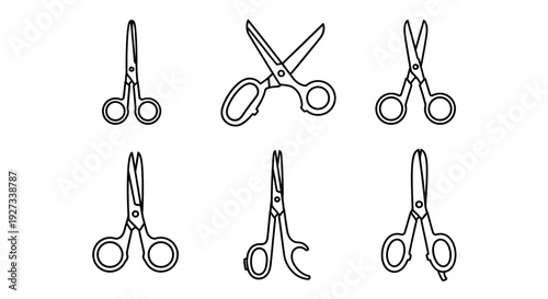 Collection of various scissors in different positions and states, showcasing their design and functionality in a minimalist line art style, viewed from directly above.