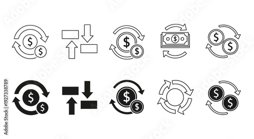 Collection of financial icons illustrating money transfer and exchange processes in various styles and formats.