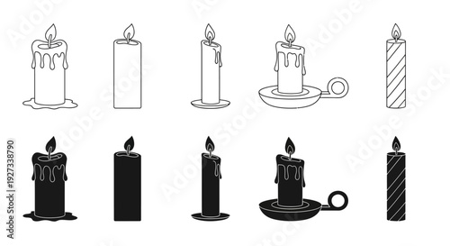 Collection of various candle illustrations in different styles and designs displayed together on a clean background.