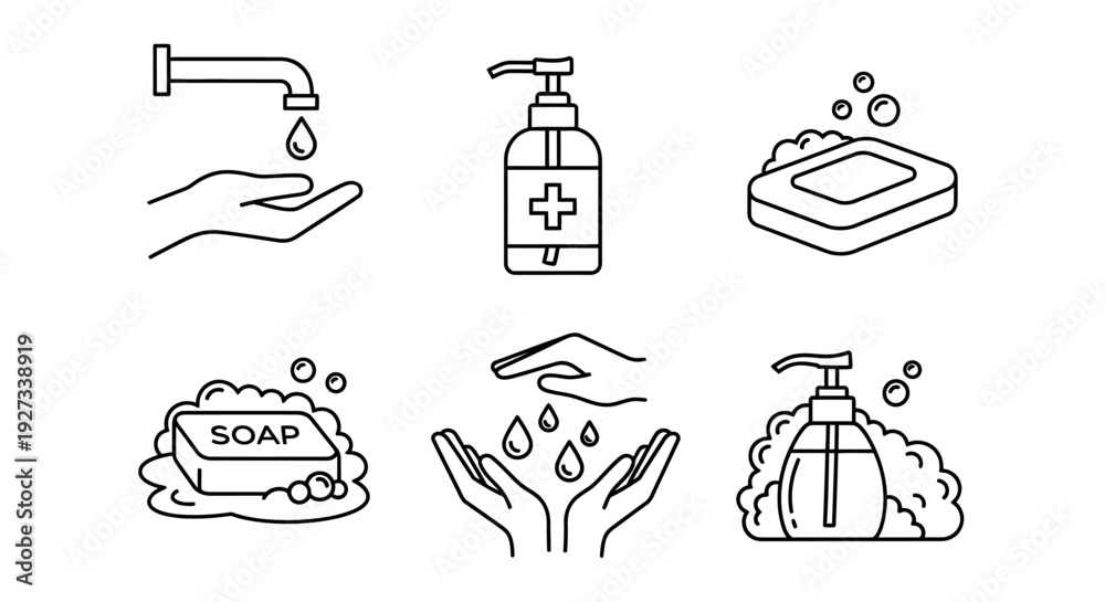 Fototapeta premium Hygiene routine icons featuring handwashing, sanitizer, and soap illustrations in a clean and simple line art style on a plain white background from a straightforward viewpoint
