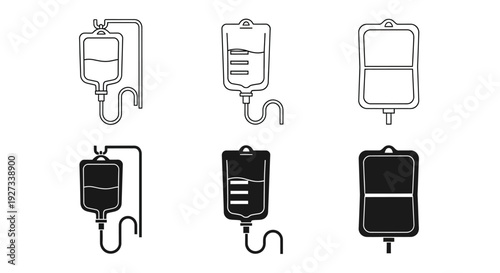 Collection of medical IV fluid bags and drip sets in various styles and line art displayed together on a plain background