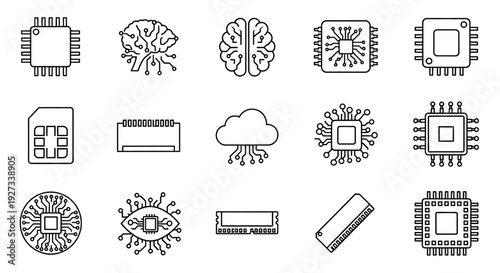 Collection of technical icons representing microchips, circuits, and brain illustrations on a clean background from a straightforward viewpoint.