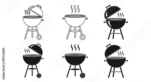Assorted barbecue grills in various styles and designs, some with lids open, emitting smoke, displayed in a grid formation on a clean background.