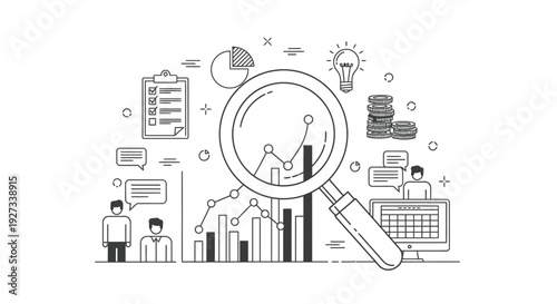 Magnifying glass over a bar chart with surrounding business icons represents detailed financial analysis, strategic planning, and performance review processes.