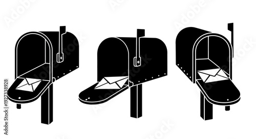 Three mailboxes with open lids and envelopes inside, viewed from a slight angle, depicted in simple black illustrations on a clean background.